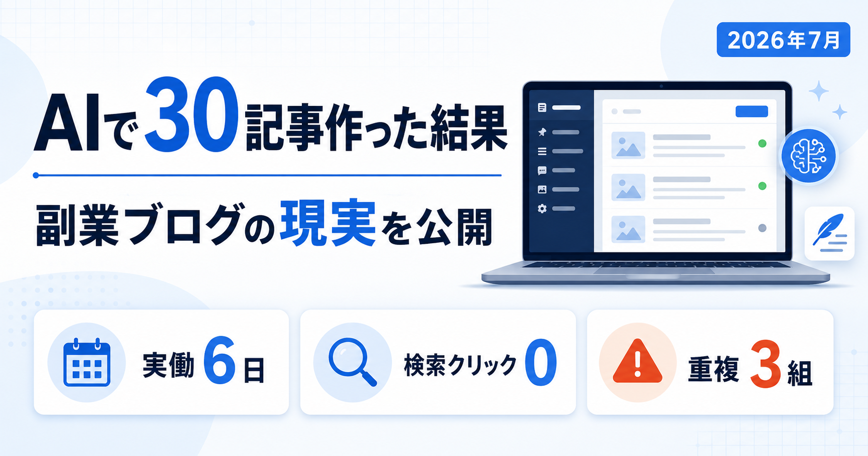 AIで副業ブログを30記事作った結果（実働6日・検索クリック0・重複3組）